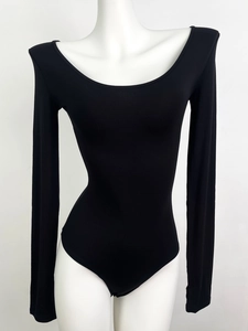 Slim fit black long sleeve bodysuit for women with U-neck design in soft cotton fabric