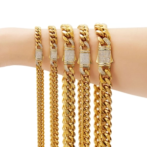 Men Cuban Link Chain Necklace Bracelet Stainless Steel Copper Micro Pave Zircon Clasp Hip Hop Jewelry