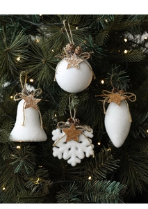 Detailed view of white foam snowflake, bell, and teardrop Christmas ornaments with stars