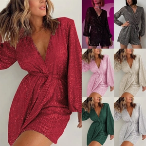 Sequin V-neck long sleeve romper available in seven festive colors for parties