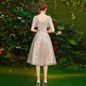 Elegant V-neck lace evening dress with 3D floral embroidery and open back design
