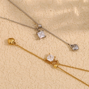 18K gold plated stainless steel necklaces with square zircon and heart tassel pendants