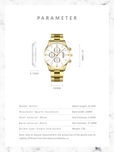 Detailed parameter diagram for the TOLAKO gold business quartz watch with white dial