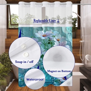 Detail of waterproof floral shower curtain featuring snap-in liner and bottom magnets