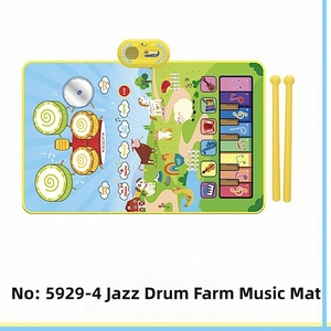Macro view of kids jazz drum music mat featuring piano keys and farm animal patterns
