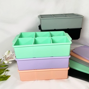 Stack of 6-grid colorful food-grade silicone ice cube trays with lids for freezing
