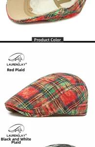 Detail view of red and black-white checkered cotton beret hats with fine stitching