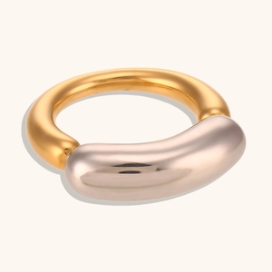 Minimalist two-tone chunky smile ring in polished gold and silver stainless steel