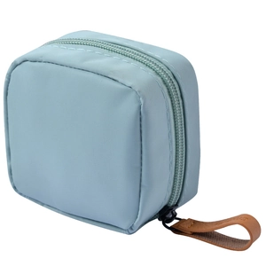 Portable light blue nylon lipstick storage bag with brown leather zipper pull handle