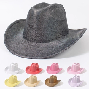 Detailed view of sparkly glitter cowboy hats showing nine various vibrant color options