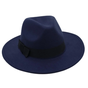 Detail of navy blue felt fedora hat featuring classic wide brim and black grosgrain ribbon