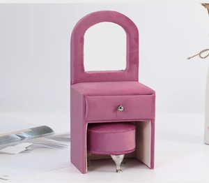 Close-up of velvet vanity dresser jewelry box with mirror, drawer and miniature stool