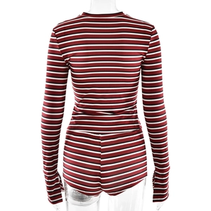 Rear view of women's slim fit striped long sleeve top and shorts set in red and black