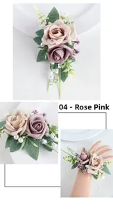 Detailed views of dusty pink and purple silk rose corsages with pearl accents