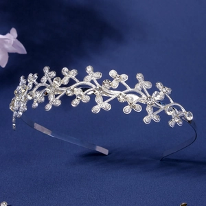 Elegant silver crown headband with crystal floral patterns for girls' stage performances