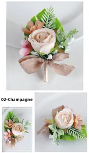 Detail of champagne artificial rose boutonniere with green leaves and ribbon wrap