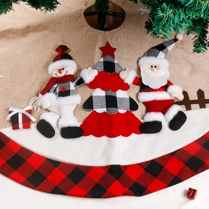 Red and black buffalo plaid Christmas tree skirt with snowman and Santa felt appliques