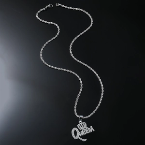Hip hop silver Queen letter pendant necklace with crown design and iced out diamond style