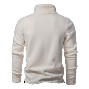 Back view of off-white polar fleece jacket featuring stand collar and adjustable drawstring