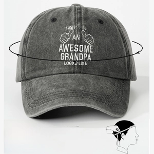 Dark grey washed cotton baseball cap with BEST DADDY embroidery and size measurement guide