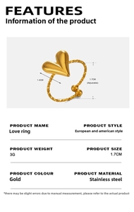 Detail of adjustable golden twisted rope heart ring in stainless steel weighing 3g
