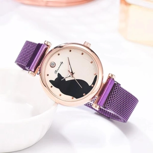 Close-up of a women's quartz watch featuring a black cat silhouette and purple mesh band