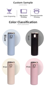 Detail view of large capacity insulated mugs in blue, black, beige and pink with lock buttons