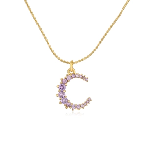 18K gold plated brass necklace with a C-shaped pendant set with purple zircon stones