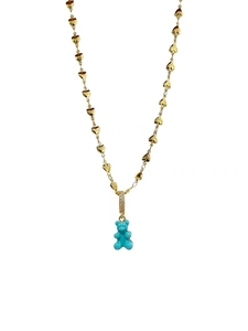 Collana a doppio strato con cuori dorati e ciondolo a forma di orsetto blu con cristalli
