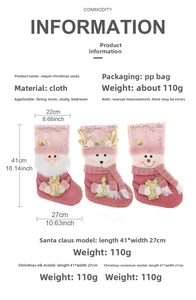 Detaillierte Größentabelle für rosa Pailletten-Weihnachtssocken mit Weihnachtsmann-Motiv