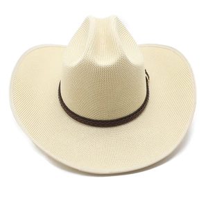 Detailed view of woven straw cowboy hat with premium brown braided leather band detail