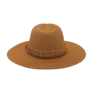 Gros plan sur le tressage en spirale et la bande décorative d'un chapeau de paille marron