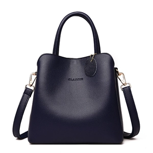 Classic dark blue PU leather handbag with gold hardware and detachable shoulder strap