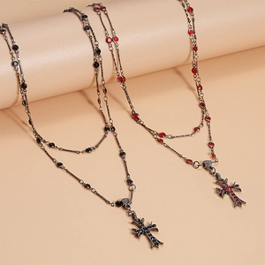 Gothic double layer cross necklace with vintage metal and colorful crystal pendants