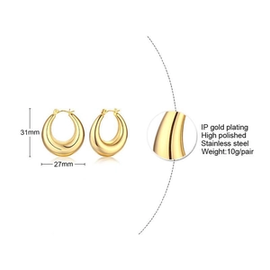 Detailed view of gold stainless steel hoop earrings with precise size dimensions and polishing