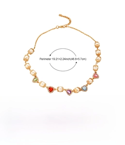 Product specifications of multilayered gold necklace with pearls and colorful heart gems