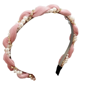 Elegant pink woven headband with pearls and rhinestones in Korean wavy style