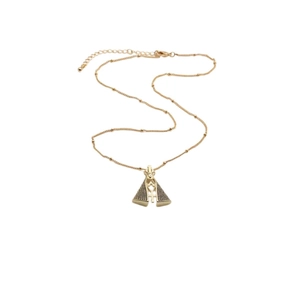 Gold-plated ball chain necklace featuring a textured triangular religious figure pendant