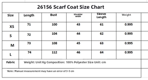 Detailed size chart for scarf collar blazer jacket with measurements and fabric specs