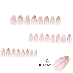 Faux ongles 3D œil de chat rose nude, forme amande, ensemble de 24 pièces avec effet relief