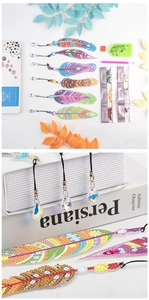 Detailed DIY diamond painting feather bookmark set with crystal pendants and full tool kit