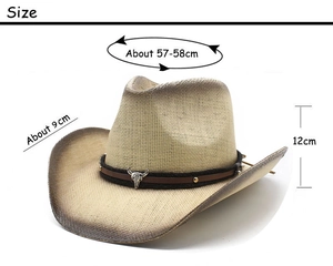Detailed size chart of western straw cowboy hat with silver bull skull ornament