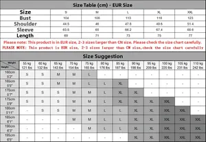Size chart for men's UPF 100+ sun protection shirt with EUR sizing measurements