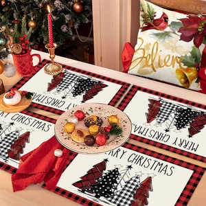Set of 4 Christmas tree dining placemats with red plaid borders and holiday table decor