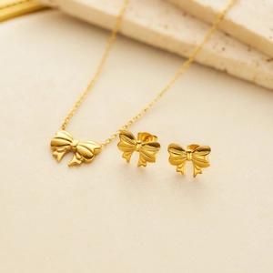 18K gold plated stainless steel bow necklace and earrings jewelry set for women