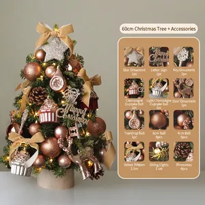 60cm Champagne Gold and Pink Christmas Tree Set with LED Lights and Wooden Base
