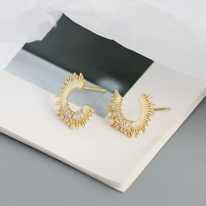 Macro detail of golden C-shaped sunburst earrings with cubic zirconia on a book page