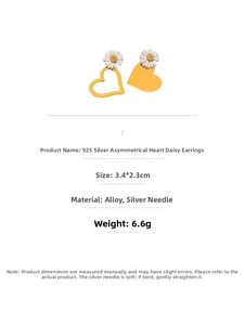 Detail view of asymmetric daisy and heart earrings with dimensions and material specs