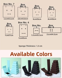 Detailed size chart for magnetic jewelry gift boxes in eight various dimensions