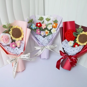 Three handmade crochet sunflower and rose bouquets with Just for you ribbons